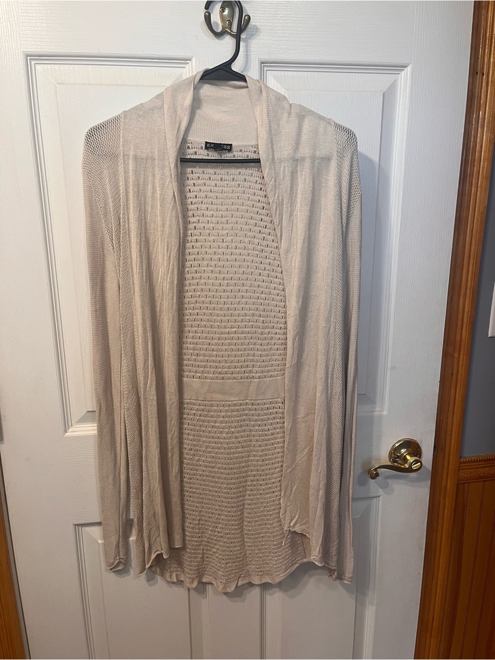 Express Open Front Long Knit Cardigan in Light Beige